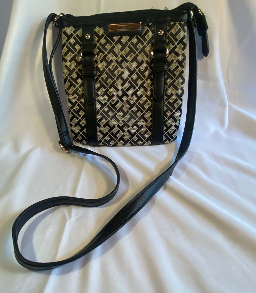 Tommy Hilfiger Monogram Logo Crossbody Bag Black and Beige